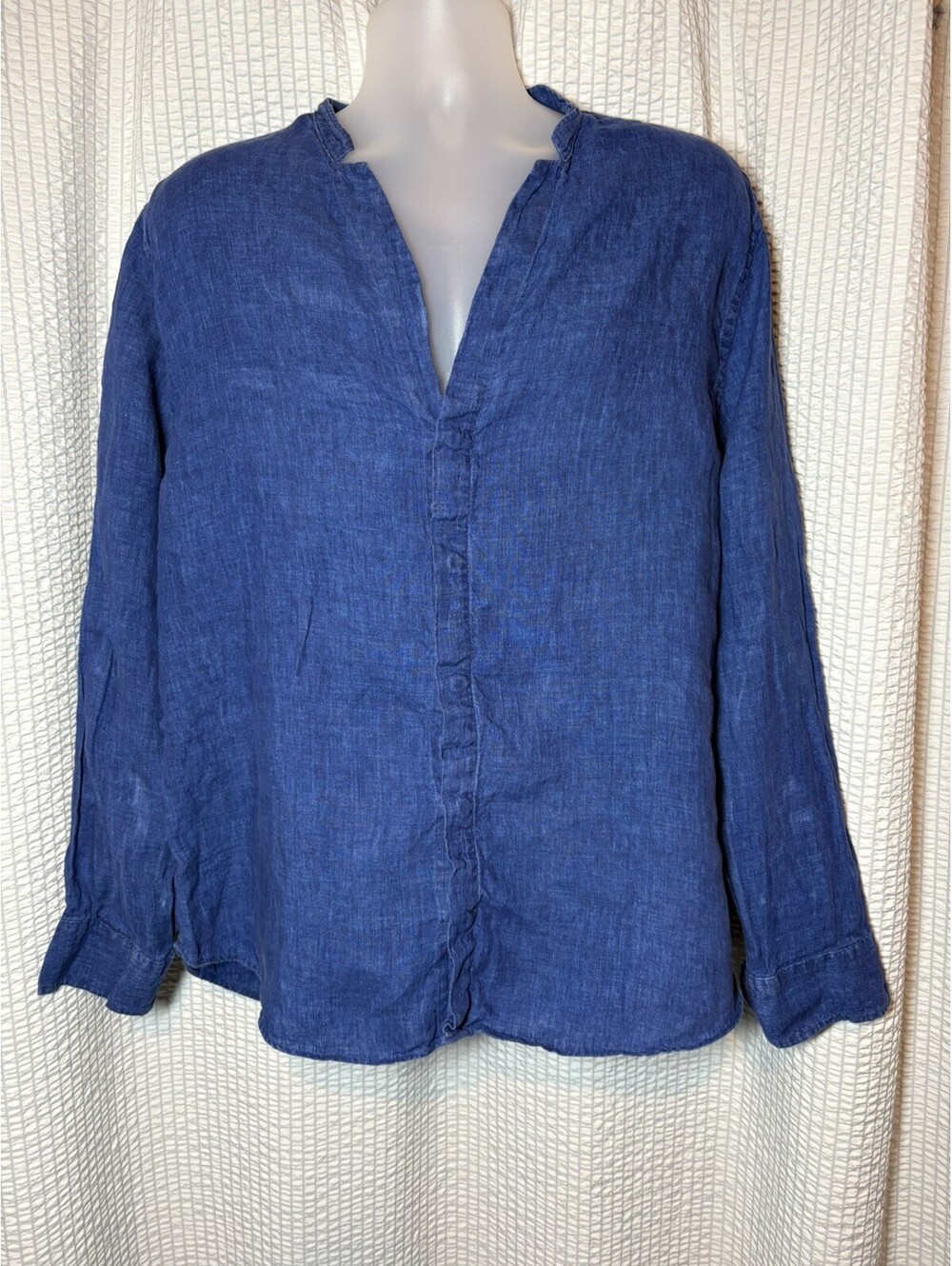 Baird McNutt Murano Shirt Womens XL Blue 100% Linen Long Sleeve Split V-Neck